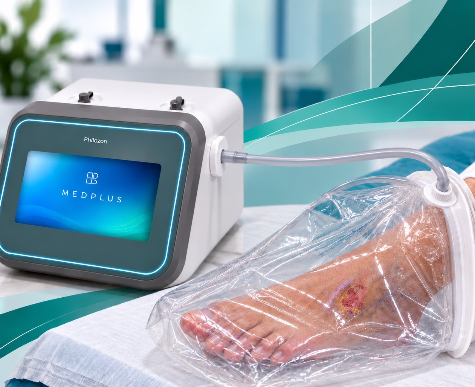 Equipamento de ozonioterapia ao lado do pé e tornozelo envolvidos por uma bolsa transparente.