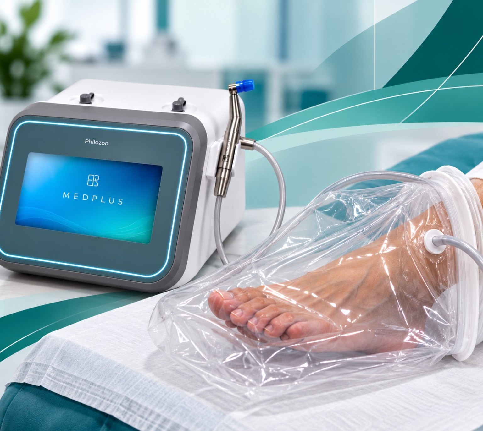 Equipamento de ozonioterapia ao lado do pé e tornozelo envolvidos por uma bolsa transparente.