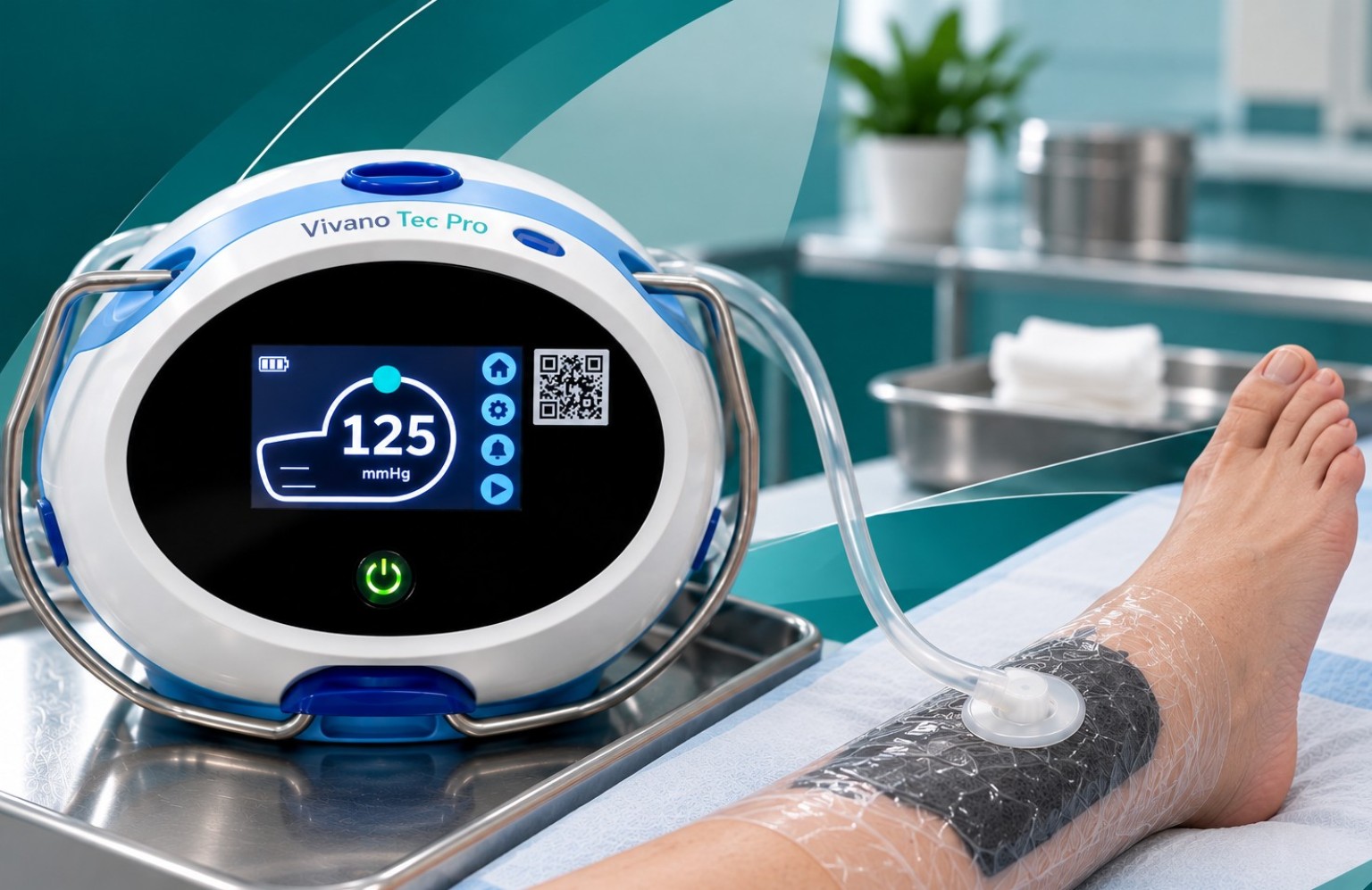Equipamento de terapia por pressão negativa conectado ao curativo aplicado na perna, próximo ao tornozelo.